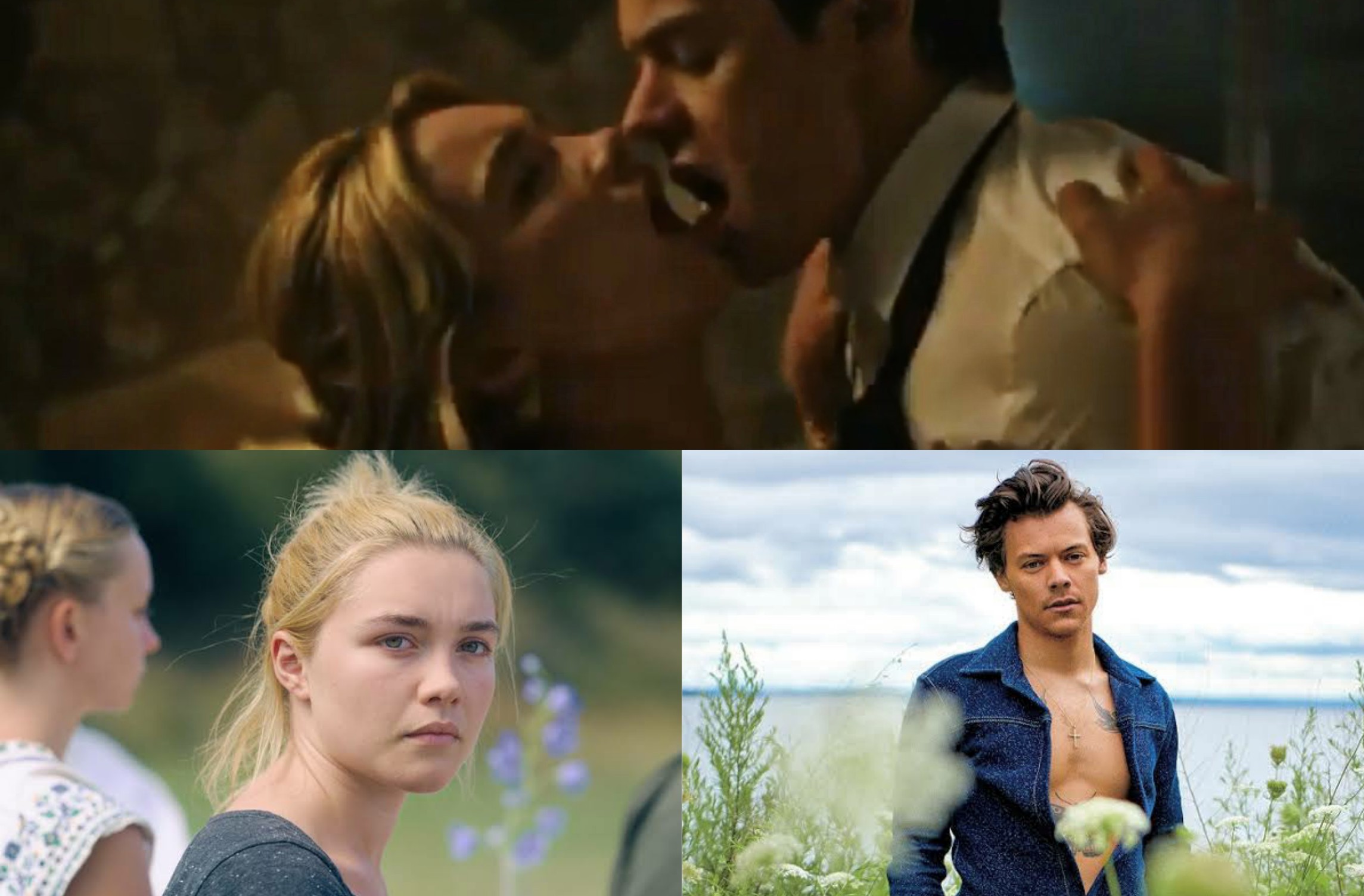 "Don't Worry Darling": Filme de Olivia Wilde ganha teaser com cena quente de Harry Styles. Na montage, cena de beijo de Florence e Harry e imagens dos atores individualmente em ambiente natural.